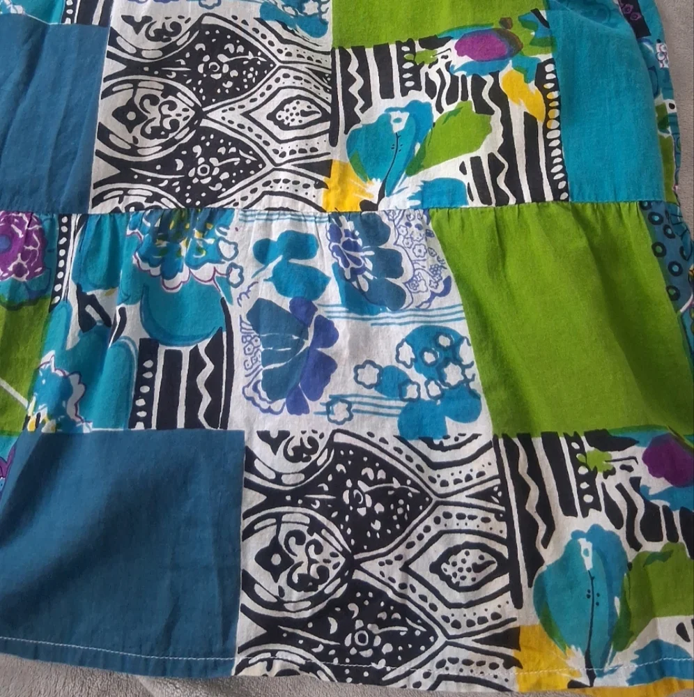 La Cera Patchwork Floral Shift Dress Boho Festival Cotton Summer Resortwear Sz S